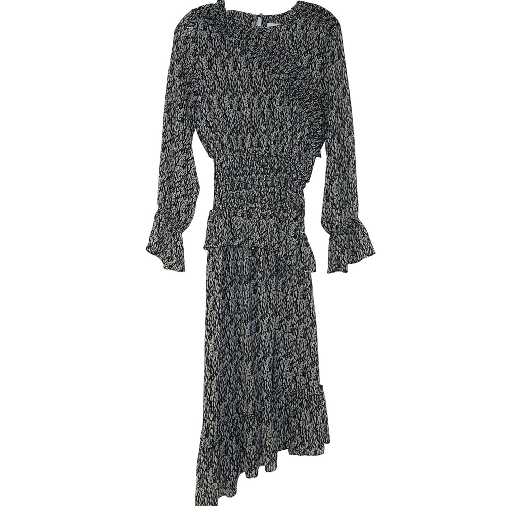 MISA Los Angeles Black White Animal Print Smocked Ruffle Midi Dress Medium